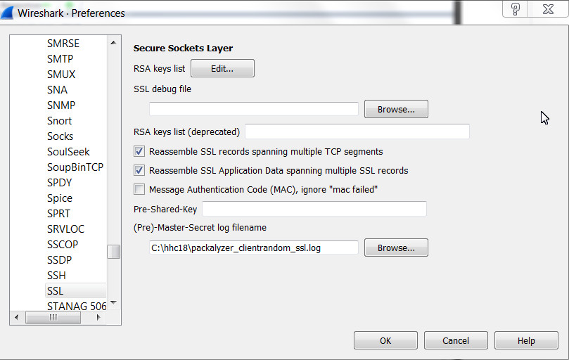 Wireshark ssl protocol preferences